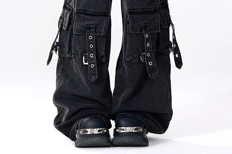 Y2K 2000S Black Cargo Jeans Women Vintage Streetwear Wide Leg Denim Pants Harajuku Aesthetic High Waist Baggy Straight Trousers - Premium Kiosk