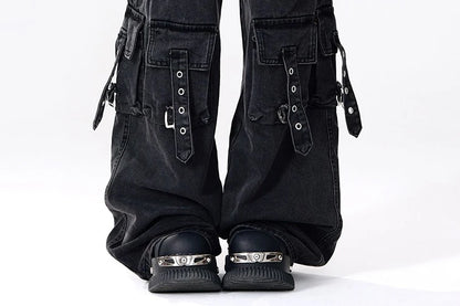 Y2K 2000S Black Cargo Jeans Women Vintage Streetwear Wide Leg Denim Pants Harajuku Aesthetic High Waist Baggy Straight Trousers - Premium Kiosk