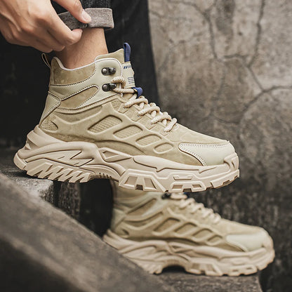 2025 Men's high-top thick-sole casual shoes versatile mixed material daddy sneakers outdoor tooling wear-resistant men's shoes