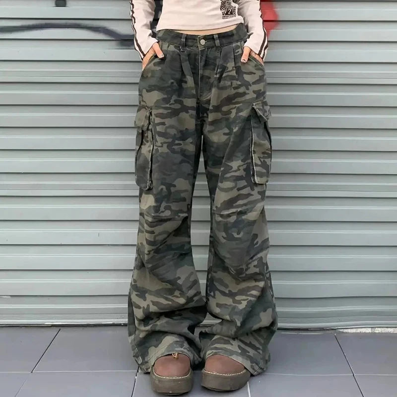 Women Y2K Camouflage Cargo Jeans Vintage High Waist Hip Hop Wide Leg Pants Female Street Wear Baggy Straight Denim Trouser - Premium Kiosk