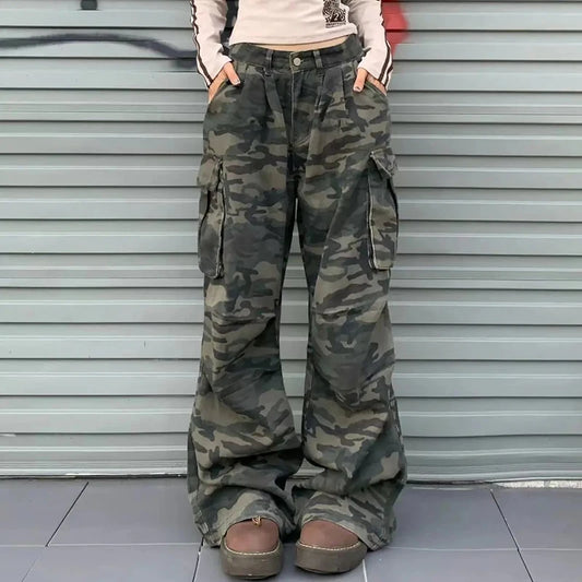 Women Y2K Camouflage Cargo Jeans Vintage High Waist Hip Hop Wide Leg Pants Female Street Wear Baggy Straight Denim Trouser - Premium Kiosk