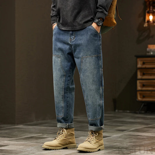 2024 Cargo Jeans Men Harem Pants Loose Baggy Pants Blue Patched Fashion Designer Pockets Trousers Oversized Tapered Streetwear - Premium Kiosk
