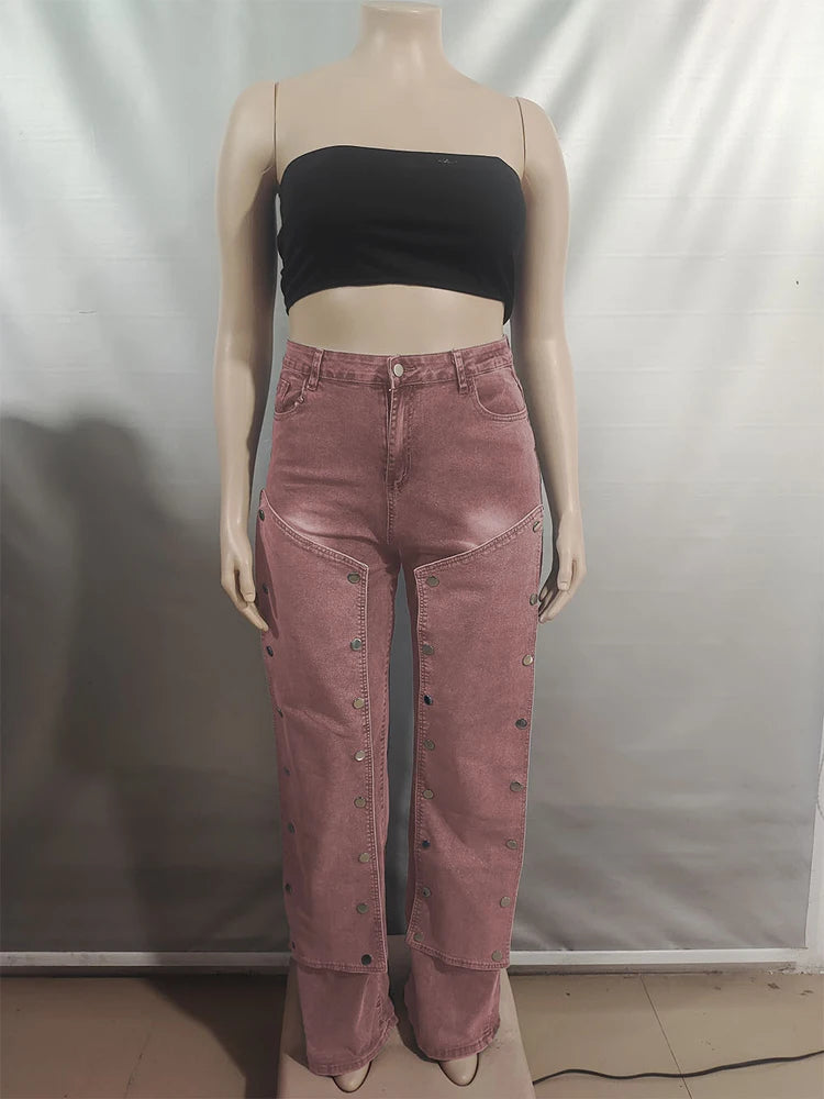 Women Streetwear Button Cutout Cargo Straight Denim Wide Leg Jeans Pants 2024 Elastic INS Fashion Party Cargo Trousers - Premium Kiosk