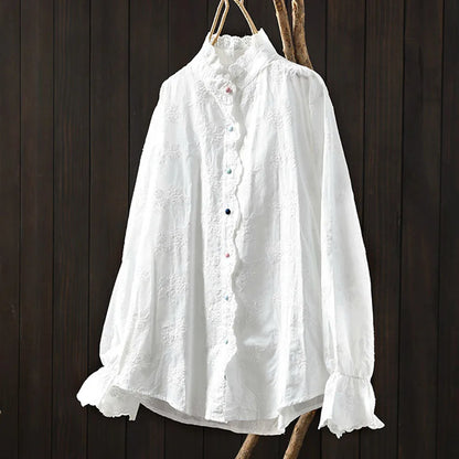 2025 Women's elegant blouse 100% cotton bohemian stand collar long sleeve white embroidery shirts female