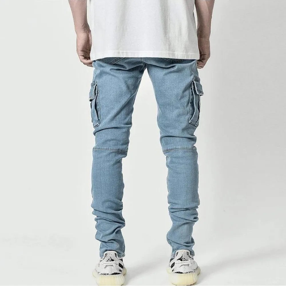 Street Elastic Jeans Men Denim Cargo Pants Wash Solid Color Multi Pockets Casual Mid Waist Trousers Slim Fit Daily Wear Joggers - Premium Kiosk