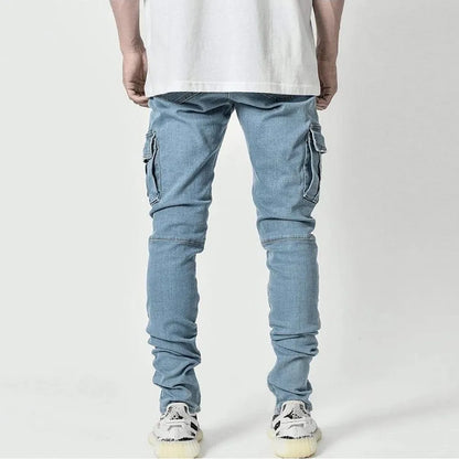 Street Elastic Jeans Men Denim Cargo Pants Wash Solid Color Multi Pockets Casual Mid Waist Trousers Slim Fit Daily Wear Joggers - Premium Kiosk