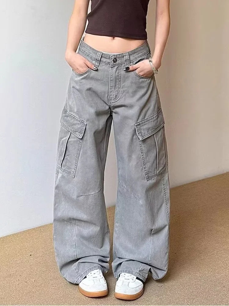 2025 Ropa Y2K Fashion Vintage Grey Baggy Cargo Jeans Pants For Women Clothing Wide Leg Kpop Casual Lady Trousers Pantalon Femme - Premium Kiosk