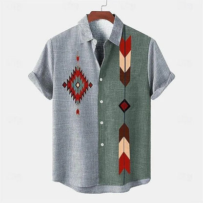Men's shirt linen summer shirt beachwear blue short sleeved solid color lapel summer casual