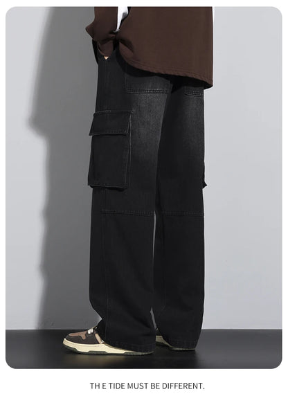 Men's Straight Cargo Jeans New Elastic Waist Multi-pockets Baggy Denim Pants Y2K Fashion Harajuku Streetwear Trousers Male - Premium Kiosk