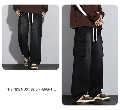Men's Straight Cargo Jeans New Elastic Waist Multi-pockets Baggy Denim Pants Y2K Fashion Harajuku Streetwear Trousers Male - Premium Kiosk