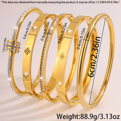 5-piece Women Bracelet Set - 18k Gold Plated Stainless Steel With Sparkling Rhinestone Embellishments Stackable Fashion Jewelry