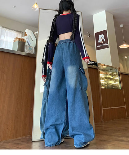 Cargo Jean Loose Wide Leg Workwear Jeans Elastic Waist Men and Women Spring Autumn Faion Brand Waed Out Trousers Straight Cut