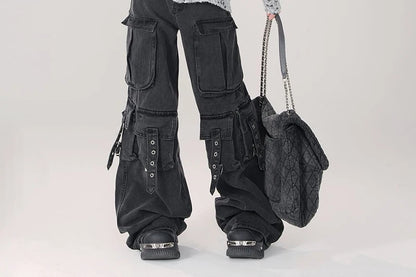 Y2K 2000S Black Cargo Jeans Women Vintage Streetwear Wide Leg Denim Pants Harajuku Aesthetic High Waist Baggy Straight Trousers - Premium Kiosk