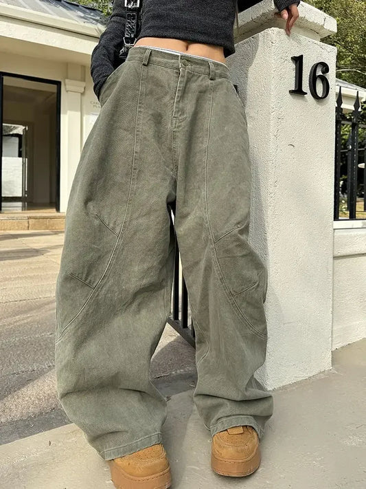 Women's Y2K Vintage Wash Cargo Jeans Harajuku Scimitar Wide Leg American Retro Denim Pants Baggy Trousers Gyaru Streetwear - Premium Kiosk
