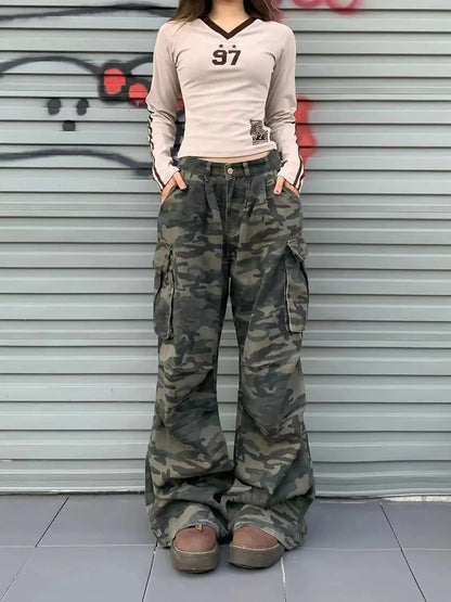 Women Y2K Camouflage Cargo Jeans Vintage High Waist Hip Hop Wide Leg Pants Female Street Wear Baggy Straight Denim Trouser - Premium Kiosk