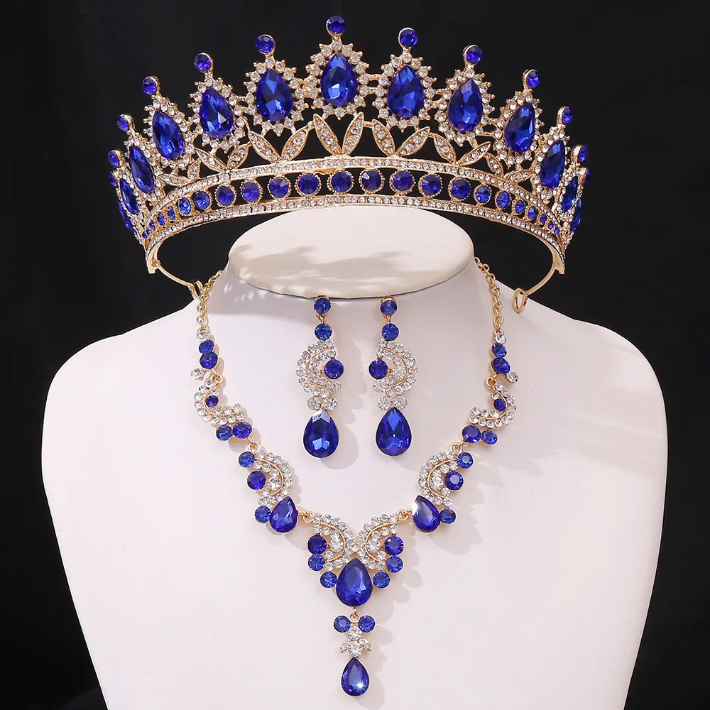 3pcs/set Princess Crown Bridal Jewelry Sets for Girls Water Drop Green Blue Red Crystal Tiaras Necklace Earrings New Jewelry Set