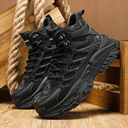 2025 Men's high-top thick-sole casual shoes versatile mixed material daddy sneakers outdoor tooling wear-resistant men's shoes