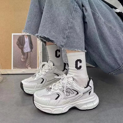 2025  Women's Dad Sneakers, Color-Block Thick-Sole Breathable White Sports Shoes, Casual Running
