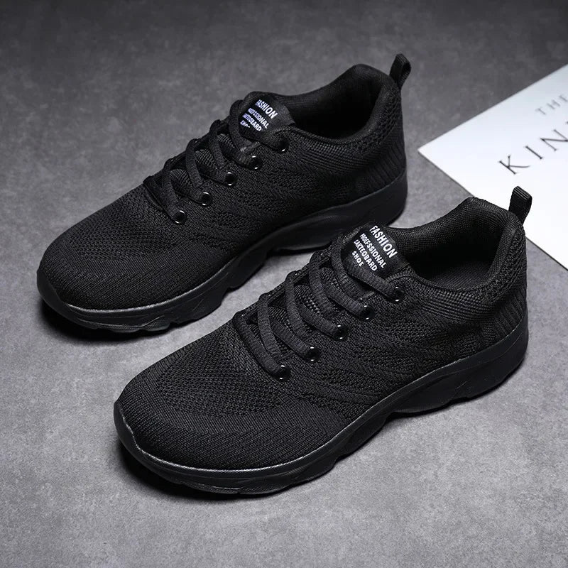 Women's Black Breathable Knitted Sneakers Casual Lace Up Outdoor Walking Shoes Comfortable Fashionable Versatile Tennis Shoes