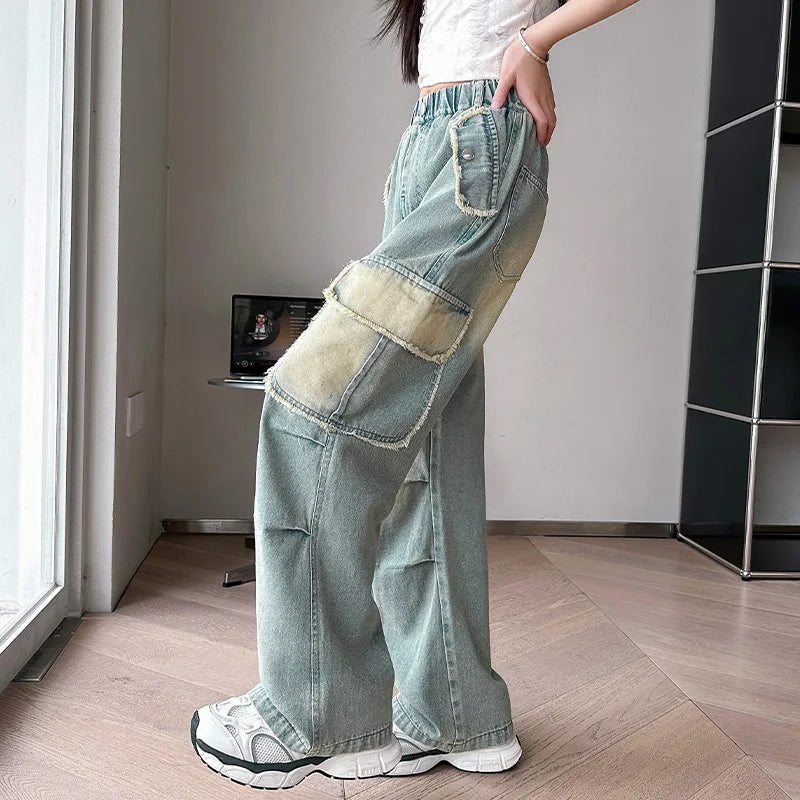4-14 teen girls Jeans Summer Kids Cargo Pants Fashion casual versatile gradient Side Big Pocket Soft Thin denim wide leg pants - Premium Kiosk