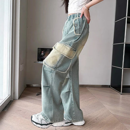 4-14 teen girls Jeans Summer Kids Cargo Pants Fashion casual versatile gradient Side Big Pocket Soft Thin denim wide leg pants - Premium Kiosk