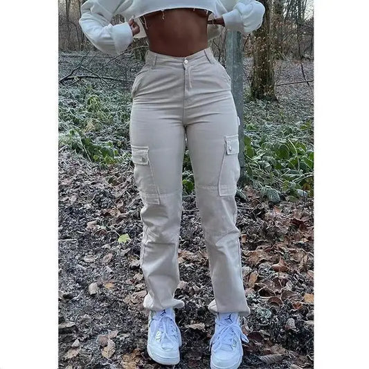 Women Jeans Spliced Cargo Denim Pants Ankle Length Jean Pockets High Waist Washed Loose Solid Straight Pant Basics Casual - Premium Kiosk