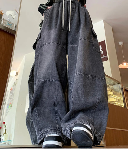 Cargo Jean Loose Wide Leg Workwear Jeans Elastic Waist Men and Women Spring Autumn Faion Brand Waed Out Trousers Straight Cut