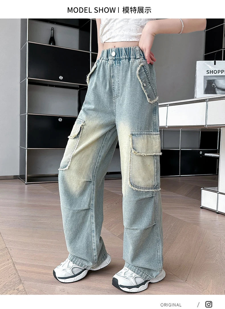4-14 teen girls Jeans Summer Kids Cargo Pants Fashion casual versatile gradient Side Big Pocket Soft Thin denim wide leg pants - Premium Kiosk