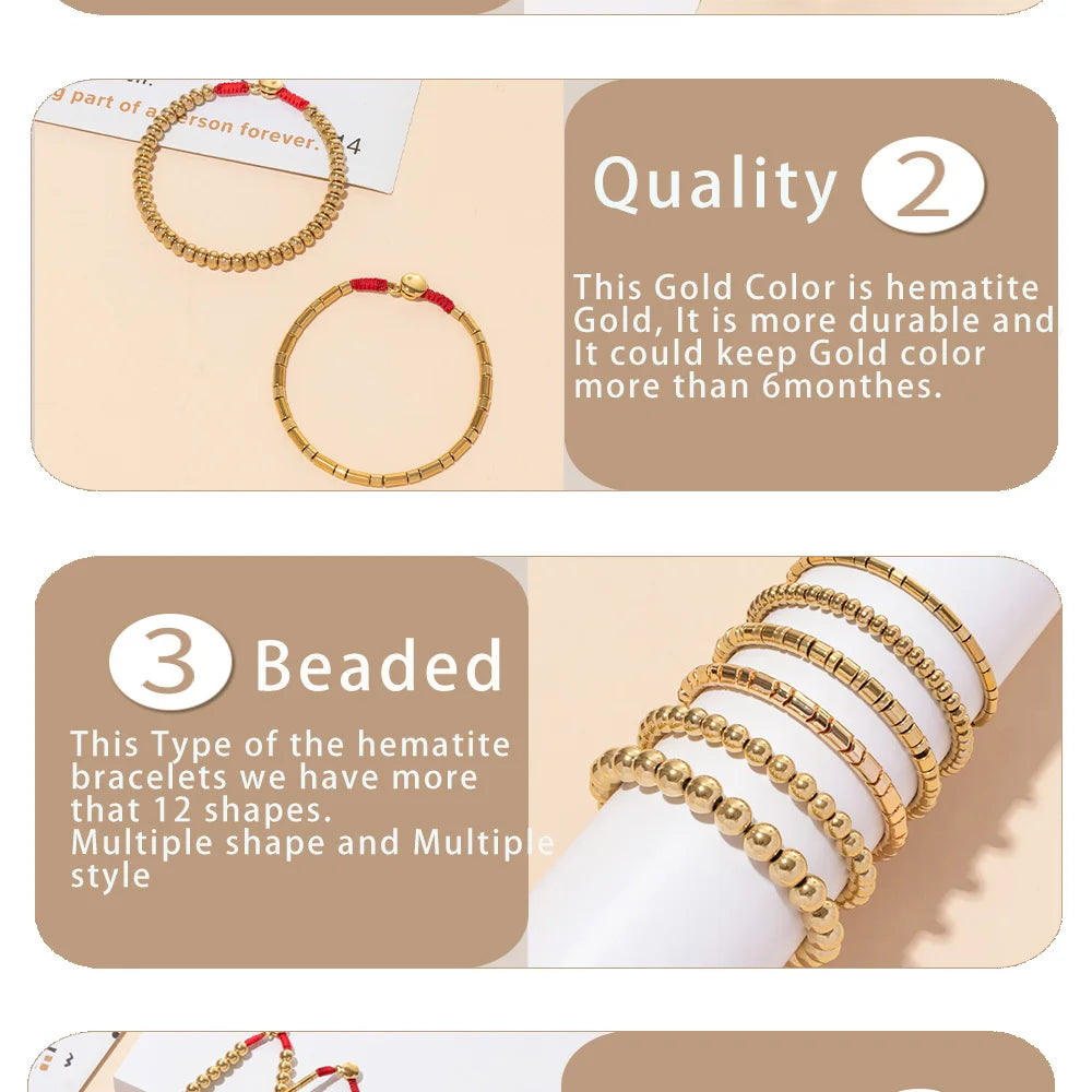 2024 New Design Golden Bracelets For Women Gold Color Hematite Beaded Elastic Bangle Sets Square Shape Beads Accessory