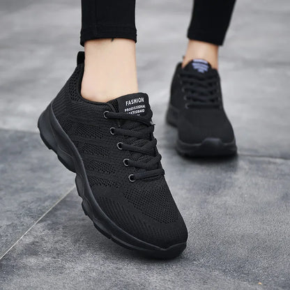 Women's Black Breathable Knitted Sneakers Casual Lace Up Outdoor Walking Shoes Comfortable Fashionable Versatile Tennis Shoes