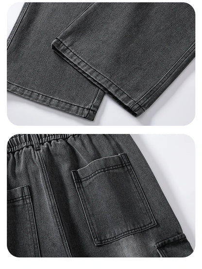 Men's Straight Cargo Jeans New Elastic Waist Multi-pockets Baggy Denim Pants Y2K Fashion Harajuku Streetwear Trousers Male - Premium Kiosk