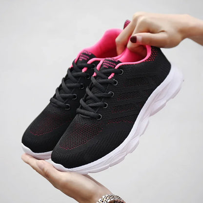 Women's Black Breathable Knitted Sneakers Casual Lace Up Outdoor Walking Shoes Comfortable Fashionable Versatile Tennis Shoes