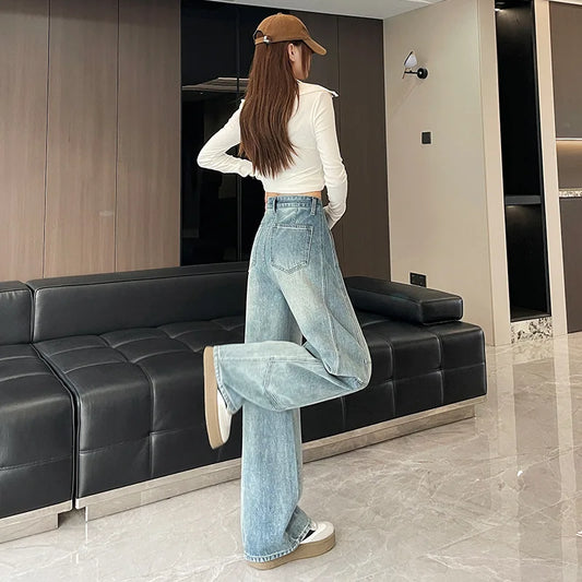 American Design Sense of Cargo Floor-length Jeans, Women's Spring and Autumn New Fashion Loose Denim High Waist Wide-leg Pants - Premium Kiosk