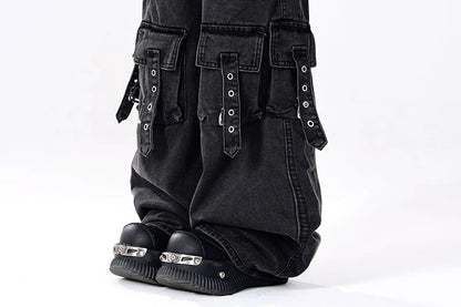 Y2K 2000S Black Cargo Jeans Women Vintage Streetwear Wide Leg Denim Pants Harajuku Aesthetic High Waist Baggy Straight Trousers - Premium Kiosk