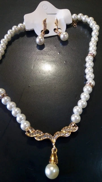 Women's 2 Piece Jewelry Sets One Gold Color Necklace + 1 Pair Earrings Wedding Bridal Pearl Elegant Decoration Pendientes Gifts