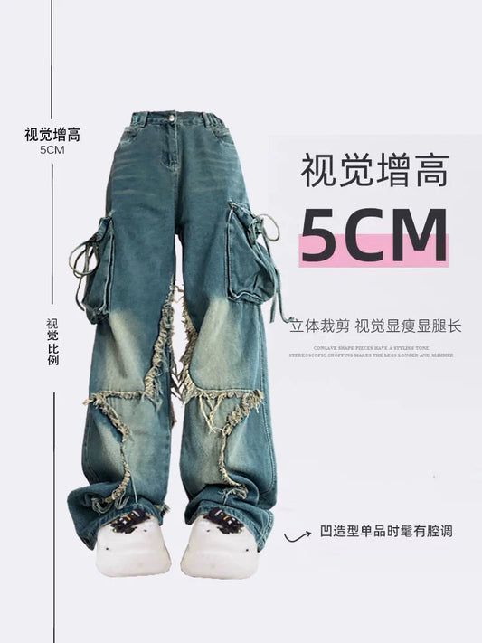 Women Blue Cargo Jeans Baggy Vintage 90s Aesthetic High Waist Cowboy Pants Harajuku Denim Trousers Y2k Trashy 2000s Clothes 2024 - Premium Kiosk