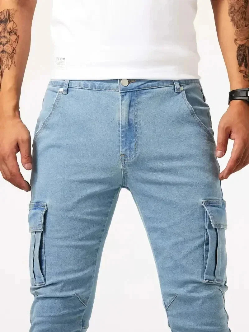 2025 Street Elastic Jeans Men Denim Cargo Pants Wash Solid Color Multi Pockets Casual Mid Waist Trousers Slim Daily Wear Joggers - Premium Kiosk