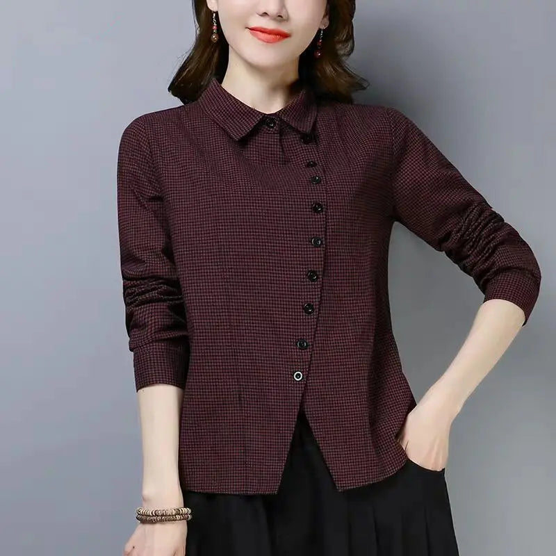 Women's Clothing  2022 Blouses Women Shirt thin Slim creative irregular Button turn-down collar lattice  spring summer leisure