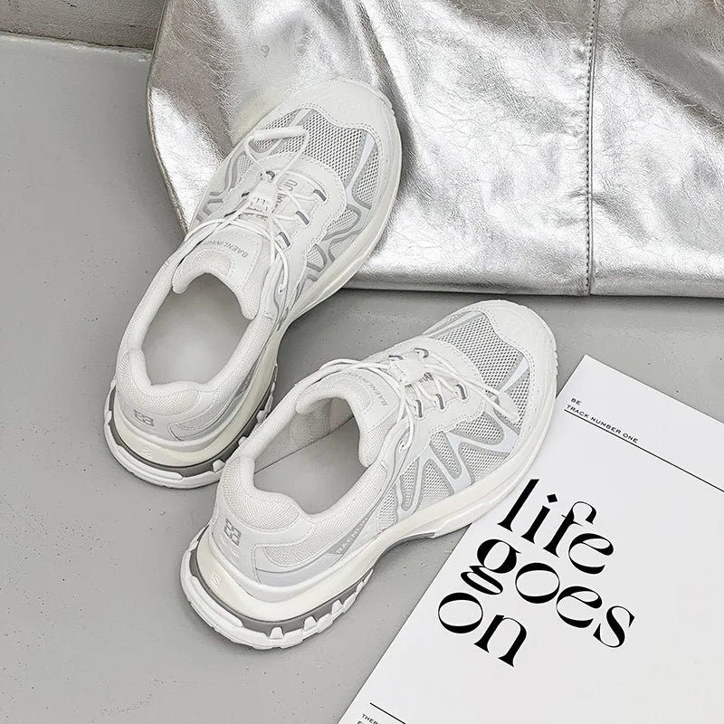 Women's Dad Shoes Thick Sole Heightening 2025 Spring Autumn Pure Color Adult Laced Comfortable Polyurethane Casual Sports Shoes