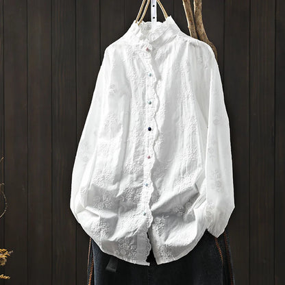 2025 Women's elegant blouse 100% cotton bohemian stand collar long sleeve white embroidery shirts female
