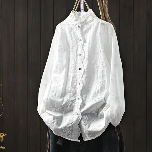 2025 Women's elegant blouse 100% cotton bohemian stand collar long sleeve white embroidery shirts female