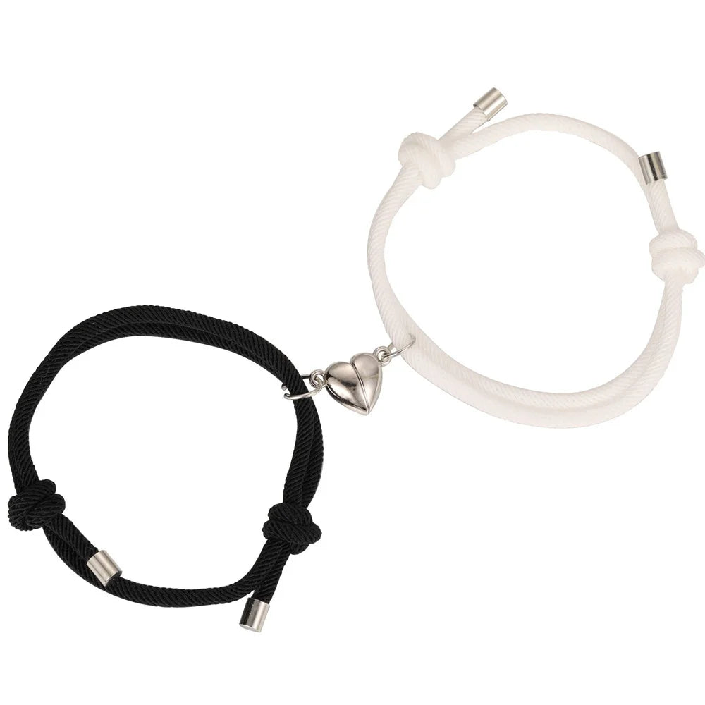2pcs/Set Rope Braided Bracelet Trendy Alloy Magnet Attachment Couple Bracelet Simple Love Heart Black And White Bracelet Jewelry