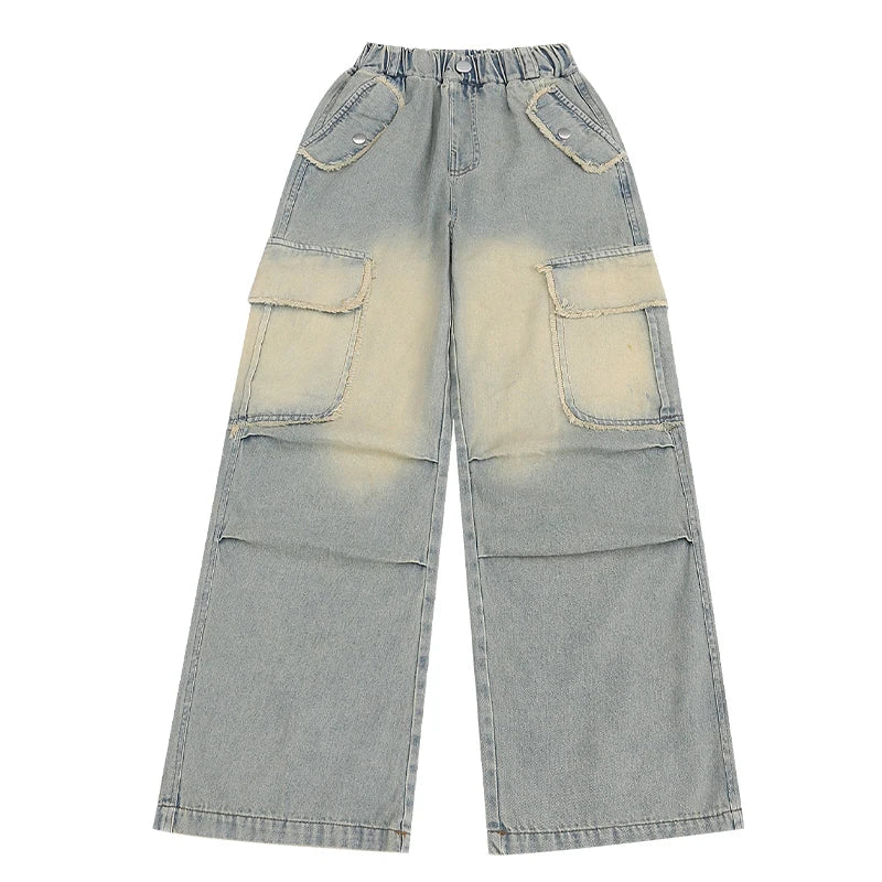 4-14 teen girls Jeans Summer Kids Cargo Pants Fashion casual versatile gradient Side Big Pocket Soft Thin denim wide leg pants - Premium Kiosk