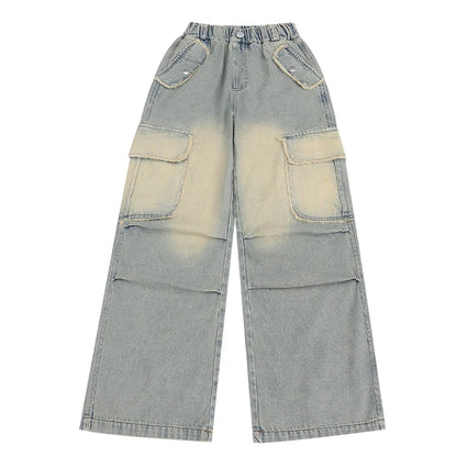 4-14 teen girls Jeans Summer Kids Cargo Pants Fashion casual versatile gradient Side Big Pocket Soft Thin denim wide leg pants - Premium Kiosk