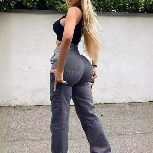 Women Jeans Spliced Cargo Denim Pants Ankle Length Jean Pockets High Waist Washed Loose Solid Straight Pant Basics Casual - Premium Kiosk