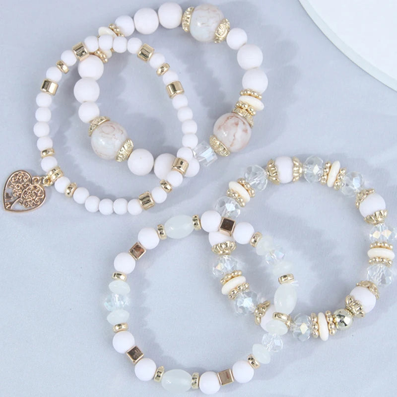 4 Pieces Stretch Beaded Bracelets Set For Women Heart Pendant Adjustable Colorful Charms New Fashion Jewelry Glass Stones C1338