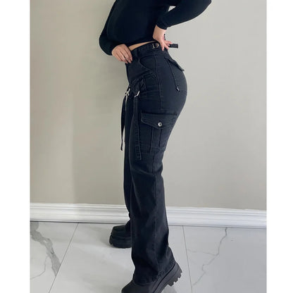 Women Straight Cargo Jeans Women's Streetwear Stretchy High Waisted Jeans Unique Multi-Pocket Female Trousers Pocket Design - Premium Kiosk