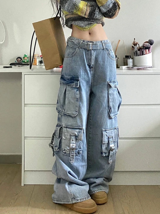Autumn Winter New Ladies Cargo Jeans American Street Style Baggy Cargo Pants Women Blue Multi-pocket Wide Leg Jeans for Women - Premium Kiosk