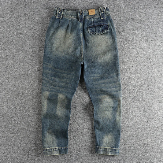 Vintage-inspired Blue Washed Cargo Jeans for Men with Wide Legs - Premium Kiosk