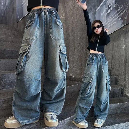 Autumn Winter New Ladies Cargo Jeans American Street Style Baggy Cargo Pants Women Blue Multi-pocket Wide Leg Jeans for Women - Premium Kiosk
